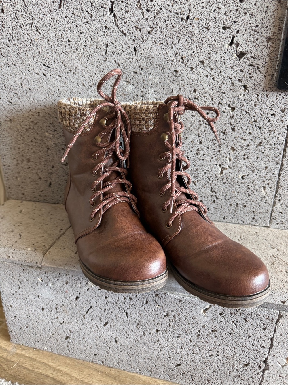 JustFab Brown Lace-Up Knit-Cuffed Ankle Boots